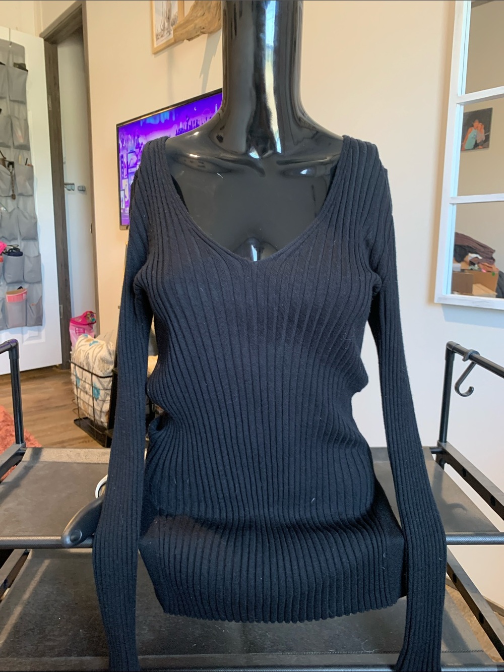 #84 Ambiance Black Ribbed V-Neck Sweater Top